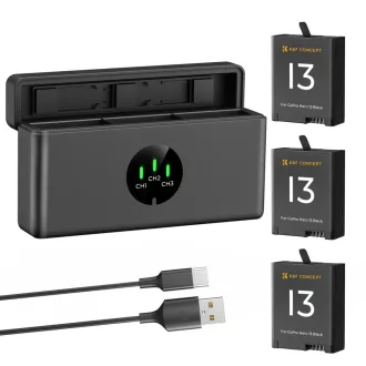   K&F Concept hordozható tripla USB-C akkumulátor töltő, LCD +3db GoPro Hero 13 akkumulátor 2100mAh