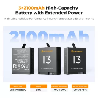   K&F Concept hordozható tripla USB-C akkumulátor töltő, LCD +3db GoPro Hero 13 akkumulátor 2100mAh