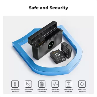   K&F Concept hordozható tripla USB-C akkumulátor töltő, LCD +3db GoPro Hero 13 akkumulátor 2100mAh
