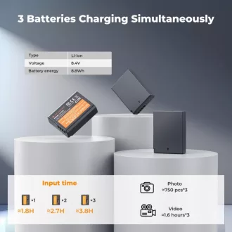   K&F Concept hordozható tripla USB-C akkumulátor LC-E10 töltő, LCD + 3db LP-E10 akkumulátor 1200mAh