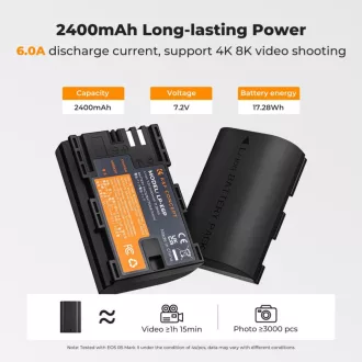   K&F Concept hordozható dupla USB-C akkumulátor LC-E6P töltő, LCD + 2db LP-E6P akkumulátor 2400mAh