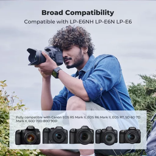 K&F Concept hordozható dupla USB-C akkumulátor LC-E6P töltő, LCD + 2db LP-E6P akkumulátor 2400mAh