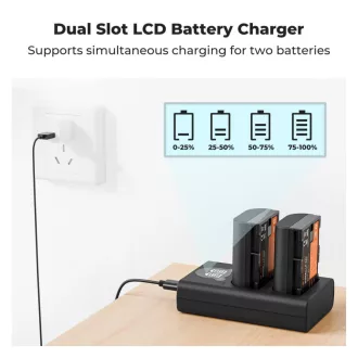   K&F Concept hordozható dupla USB-C akkumulátor LC-E6P töltő, LCD + 2db LP-E6P akkumulátor 2400mAh