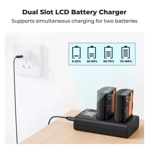 K&F Concept hordozható dupla USB-C akkumulátor LC-E6P töltő, LCD + 2db LP-E6P akkumulátor 2400mAh