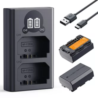   K&F Concept hordozható dupla USB-C akkumulátor NP-FZ100 töltő + 2db NP-FZ100 akkumulátor 2600mAh