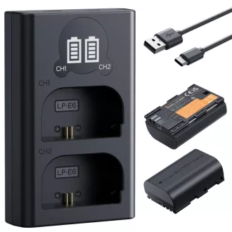   K&F Concept hordozható dupla USB-C akkumulátor LC-E6 töltő, LCD + 2db LP-E6NH akkumulátor 2600mAh
