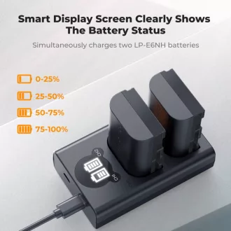   K&F Concept hordozható dupla USB-C akkumulátor LC-E6 töltő, LCD + 2db LP-E6NH akkumulátor 2600mAh