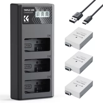   K&F Concept hordozható tripla USB-C akkumulátor LC-E12E töltő, LCD + 3db LP-E8 akkumulátor 1200mAh