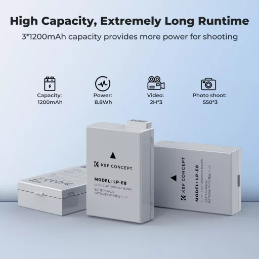 K&F Concept hordozható tripla USB-C akkumulátor LC-E12E töltő, LCD + 3db LP-E8 akkumulátor 1200mAh