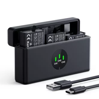   K&F Concept tripla USB-C akkumulátor töltő +3db DJI Osmo 360, Action 5 Pro/4/3 akku 2100mAh