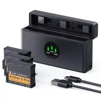   K&F Concept tripla USB-C akkumulátor töltő +3db DJI Osmo 360, Action 5 Pro/4/3 akku 2100mAh