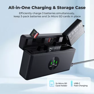   K&F Concept tripla USB-C akkumulátor töltő +3db DJI Osmo 360, Action 5 Pro/4/3 akku 2100mAh