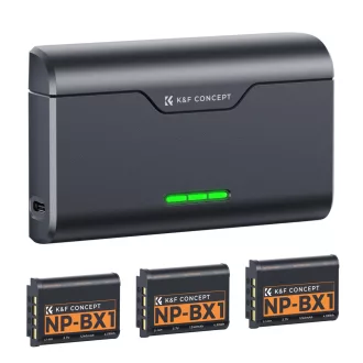   K&F Concept hordozható tripla USB-C akkumulátor NP-BX1 töltő, LCD + 3db NP-BX1 akkumulátor 1240mAh