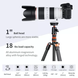   K&F Concept BH-25L állvány gömbfej, 25mm, 8kg teherbírás, vízmérték, arca swiss, 3/8"-1/4"