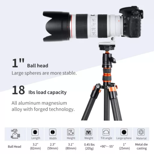 K&F Concept BH-25L állvány gömbfej, 25mm, 8kg teherbírás, vízmérték, arca swiss, 3/8"-1/4"