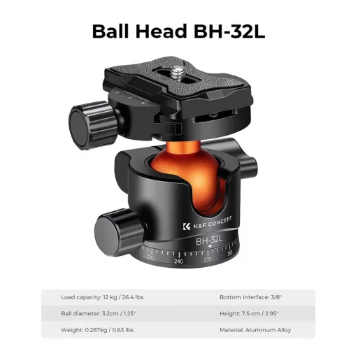 K&F Concept BH-32L állvány gömbfej, 32mm, 12kg teherbírás, vízmérték, arca swiss, 3/8"-1/4"