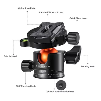   K&F Concept BH-32L állvány gömbfej, 32mm, 12kg teherbírás, vízmérték, arca swiss, 3/8"-1/4"