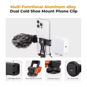   K&F Concept MS-18 fém telefon tartó adapter, elforgatható, dönthető, 2 vakupapucs adapterrel