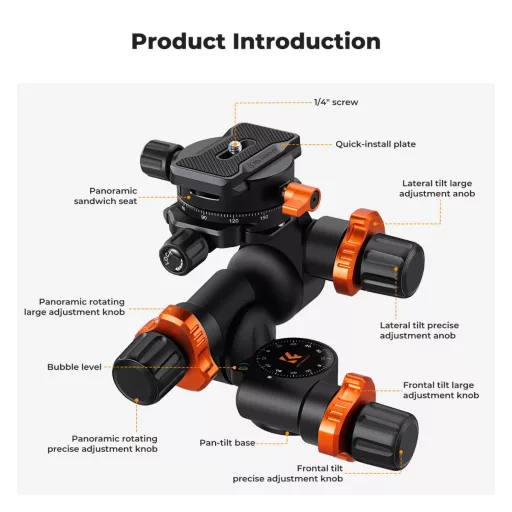 K&F Concept GD3W PRO panoráma állványfej, precíziós 3 irányú, 6kg teherbírás, vízmérték, Arca Swiss