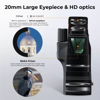   K&F Concept 12x50 HD monokulár távcső, BAK4, IP68 vízálló, fekete