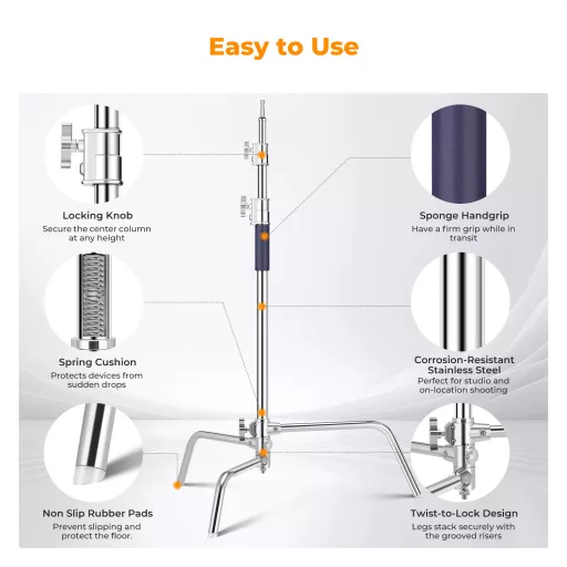 K&F Concept C-Stand állvány, 149cm-330cm, 20kg teherbírás, rozsdamentes acél