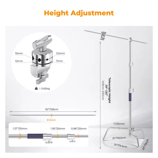K&F Concept C-Stand állvány, 149cm-330cm, 20kg teherbírás, rozsdamentes acél