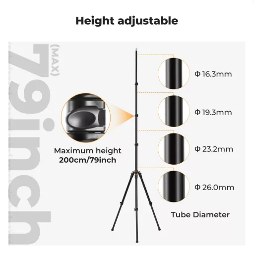 K&F Concept lámpaállvány, 200cm magasság, 3kg teherbírás, alumínum