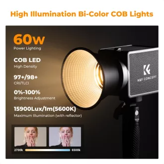   K&F Concept 60W BI COB led lámpa, 2700K-6500K, 97CRI, 12 effekt, 13500mAh, APP, Bowens
