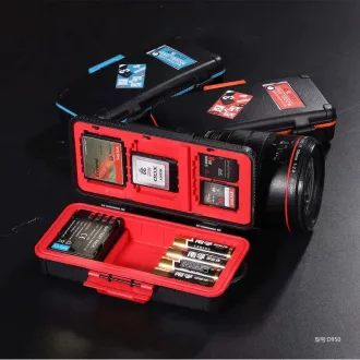   Lensgo D950 akku, elem és memóriakártya tartó doboz, víz, porálló, esésálló, 3 akku, 3 XQD/CF, 6 SD