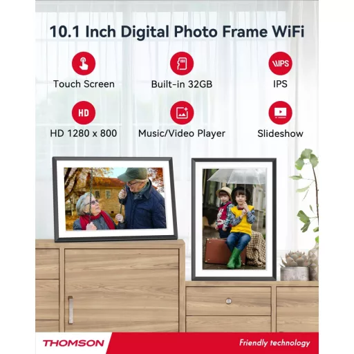 Thomson 1001P digitális képkeret 10" 1280x800, WiFi képátvitel mobilappról, érintő kijelző, fekete