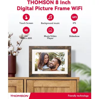   Thomson 8001W digitális képkeret 8" 1280x800, WiFi képátvitel mobilappról, érintő kijelző, barna