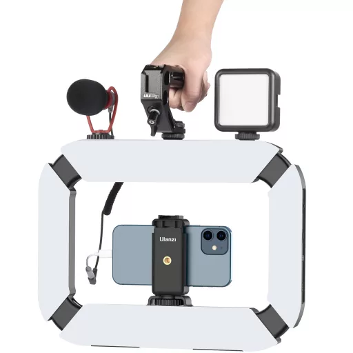 Ulanzi U200 vlogger rig, beépített LED világítással, telefon tartóval, 3 vakupapucs csatlakozóval
