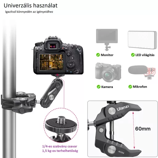 Ulanzi R094 KAMERA SZUPER-BILINCS RÖGZÍTŐ - többfunkciós satu - 1/4" 3/8"