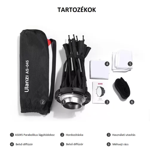 Ulanzi AS045 45cm-es nyitható octobox méhsejtráccsal, Bowens csatlakozás