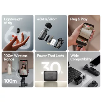   Ulanzi A200 mini csiptetős vezeték nélküli mikrofon, 2db mikrofon, zajszűrés, USB-C, fekete, fehér