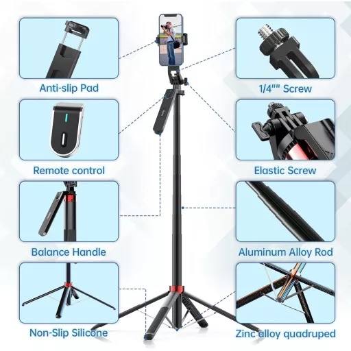 Ulanzi MA09 v2 selfie állvány, monopod telefonokhoz, bluetooth kioldó, 180cm max magasság
