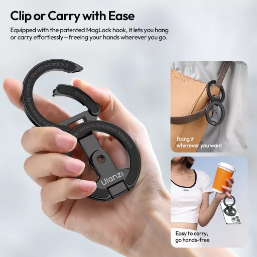 Ulanzi MA02 összehajtható mini állvány, Magsafe kompatibilis telefonokhoz, karabiner, fekete